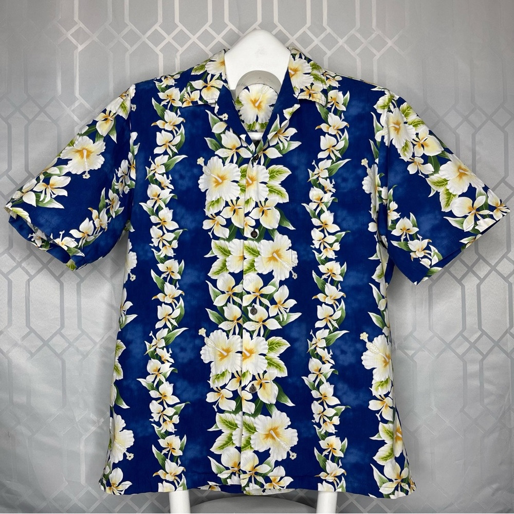 Royal Creations Hawaii Blue Hibiscus & Plumeria Floral Aloha Shirt Size L